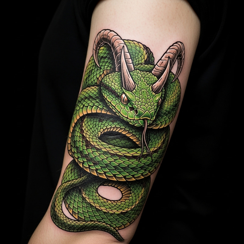 Unique Horned Bush Viper Arm Tattoo Design Unique Horned Bush Viper Arm Tattoo Design