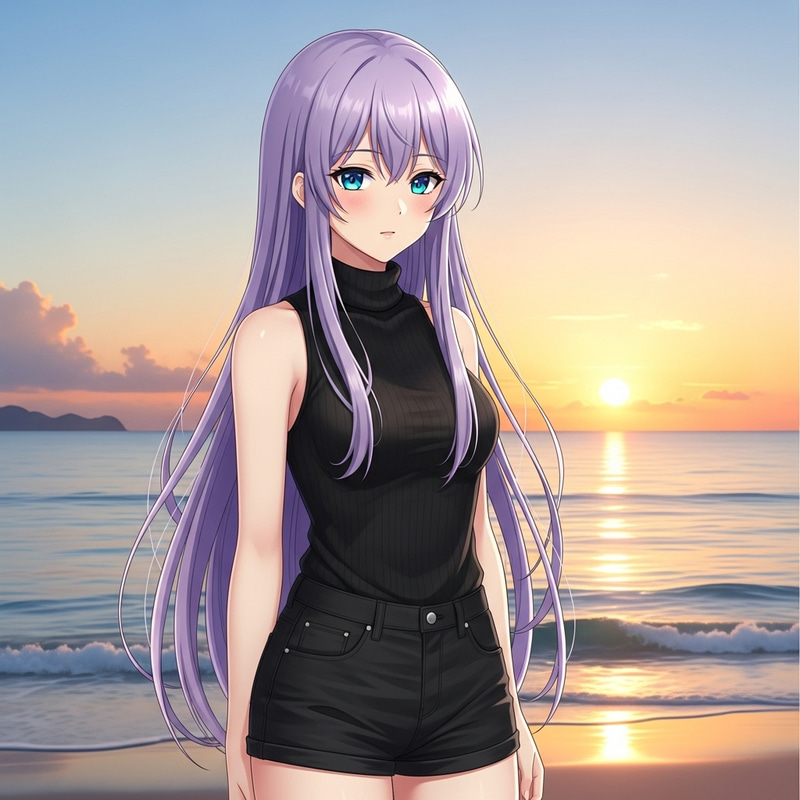 Asian Anime-Style Character with Lavender Hair at Beach Sunrise Asian Anime-Style Character with Lavender Hair at Beach Sunrise