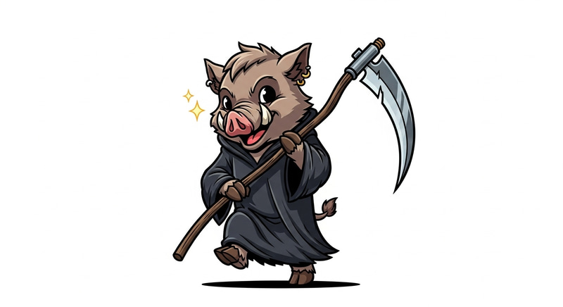 Whimsical Humanoid Boar Walking with Death Scythe in Hand Whimsical Humanoid Boar Walking with Death Scythe in Hand