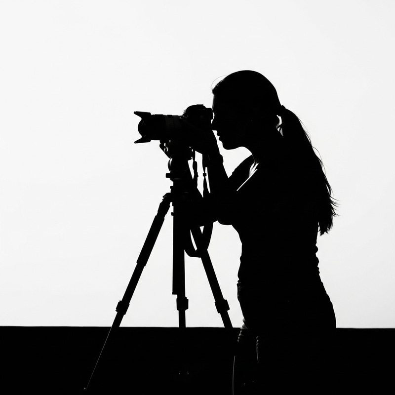 Black and White Silhouette Drawing of Female Photographer with Camera and Tripod