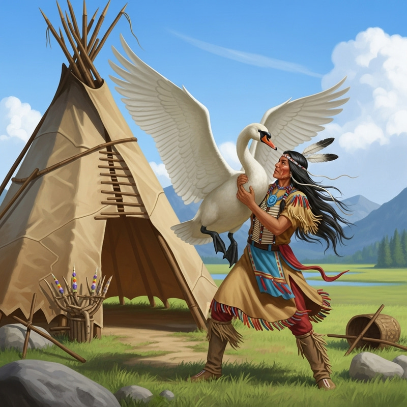 Native American Woman Defiantly Battles Giant Swan in Intense Scene Native American Woman Defiantly Battles Giant Swan in Intense Scene