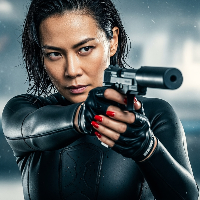 Fearless Asian Woman in Wetsuit with Pistol and Suppresser