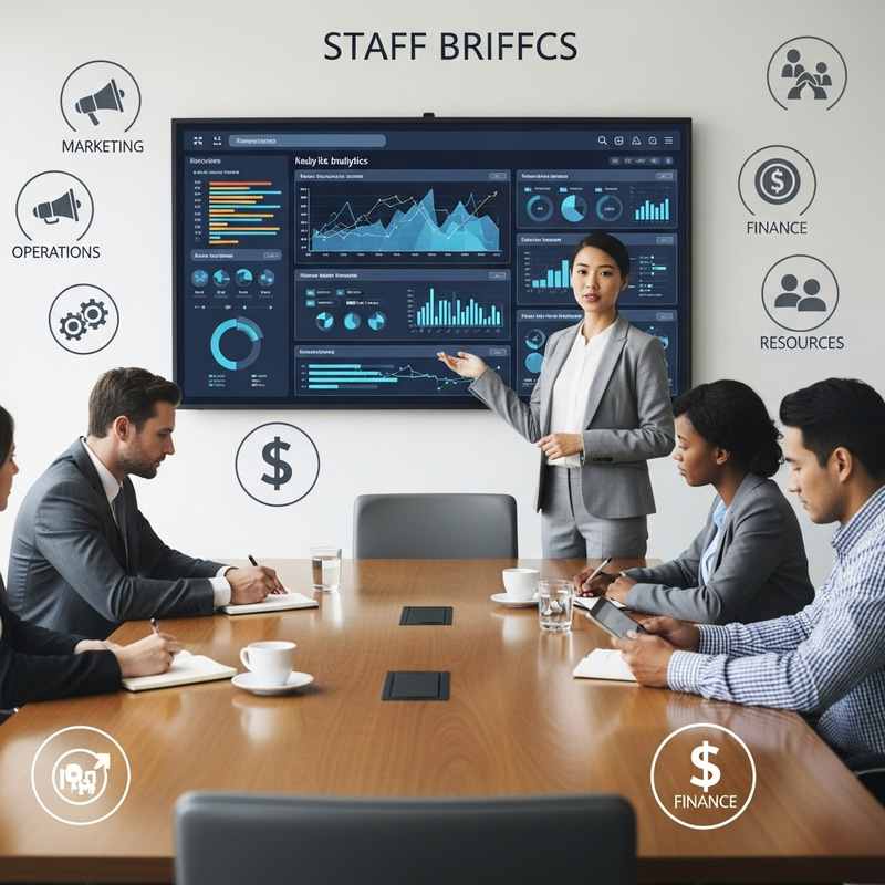 Staff Briefing Illustration - Office Meeting Visual with Diverse Team Icons