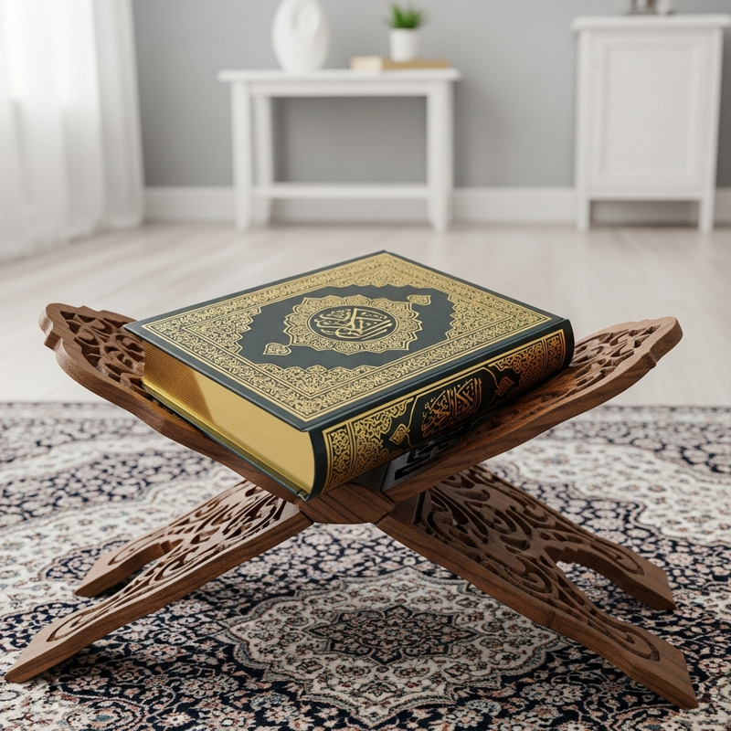 Intricately Decorated Quran on Wooden Stand