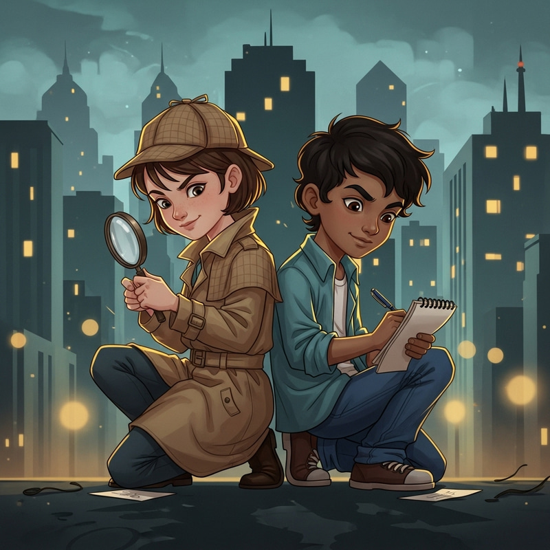 Detective Duo: Brown-Haired Girl & South Asian Boy | Cityscape Clues Detective Duo: Brown-Haired Girl & South Asian Boy | Cityscape Clues