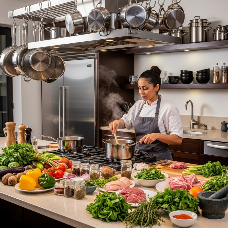 Elena - Middle-Eastern Chef Cooking in Modern Kitchen Elena - Middle-Eastern Chef Cooking in Modern Kitchen