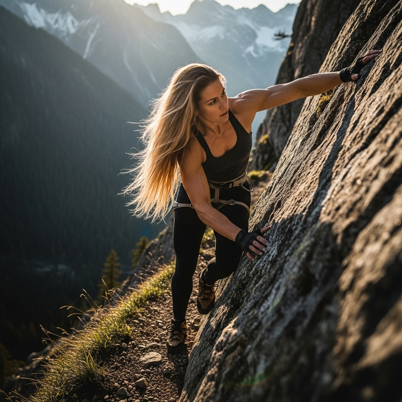 Blonde Woman Embracing Nature's Strength in Adventure Outdoors Blonde Woman Embracing Nature's Strength in Adventure Outdoors