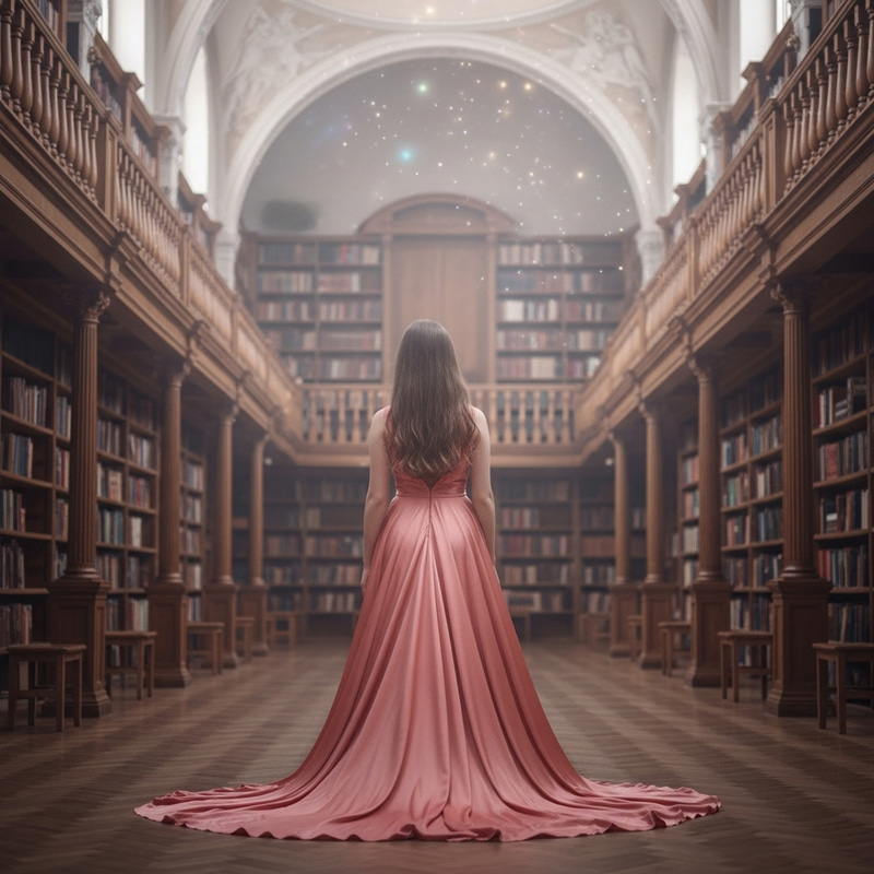 Enchanting Young Girl in Salmon Pink Gown in Ethereal Library