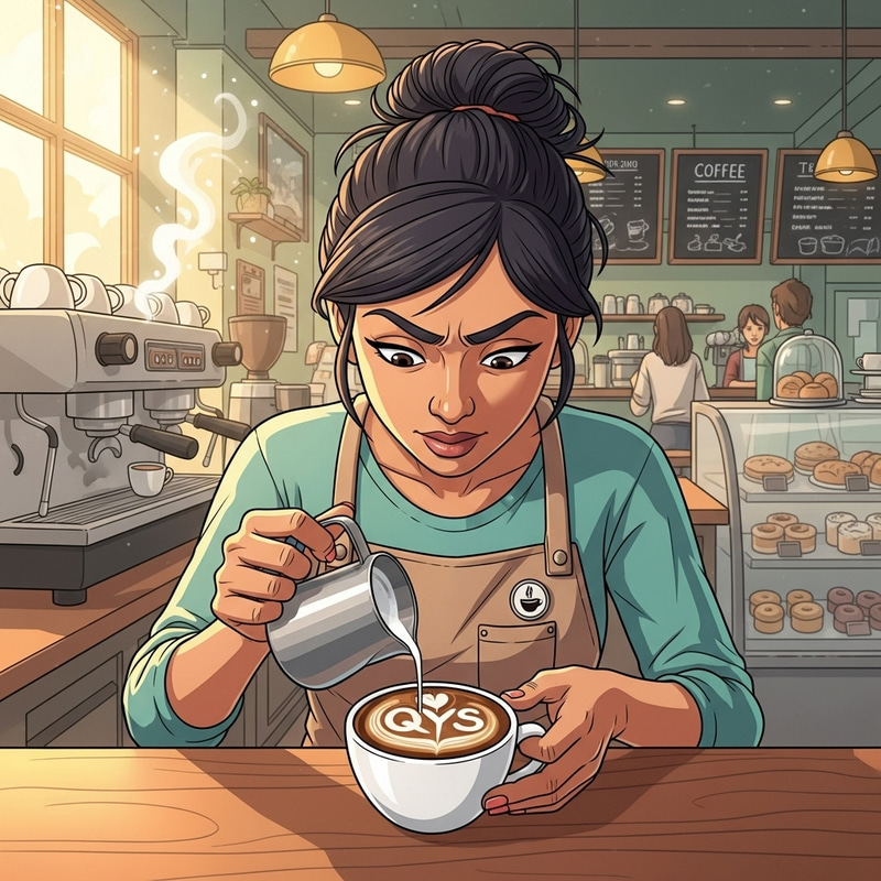 Cartoon Barista Makes QYS Latte Art with Milk Cream on Coffee Cup