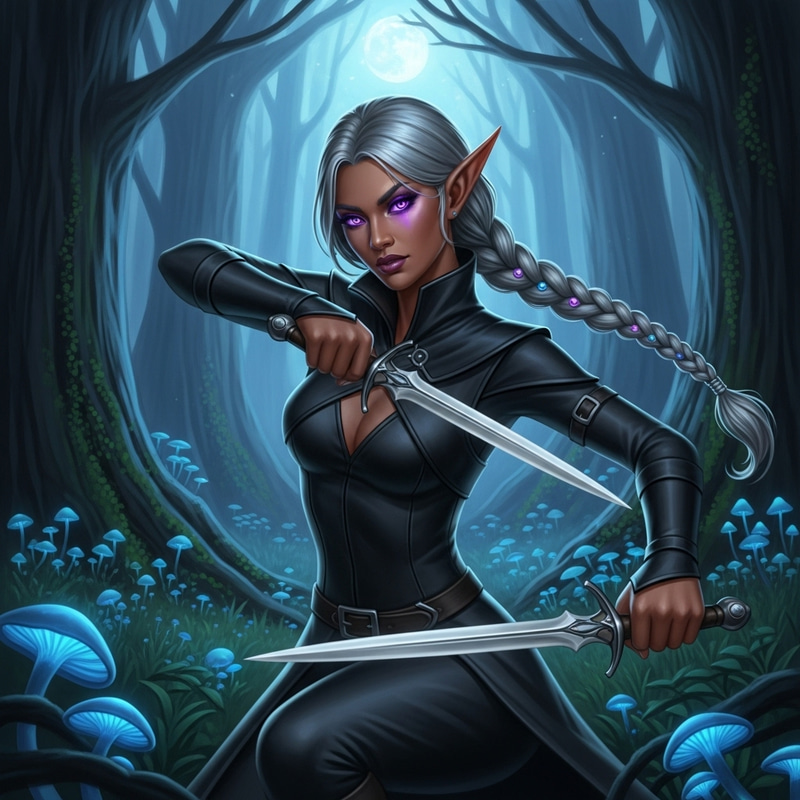 South Asian Female Elf Thief with Dual Daggers in Enchanted Forest South Asian Female Elf Thief with Dual Daggers in Enchanted Forest