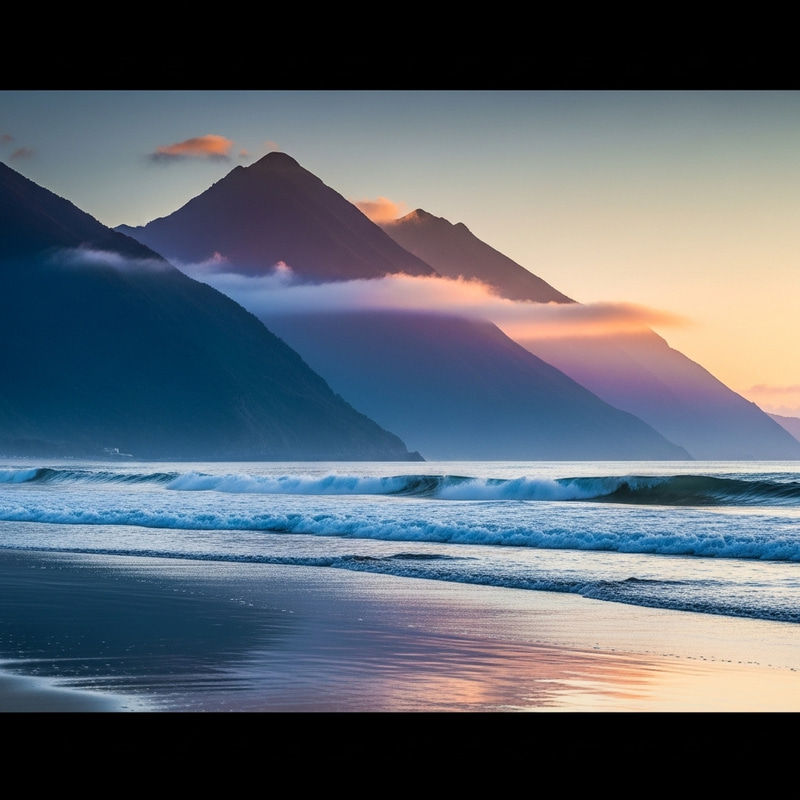 Tranquil Sunrise: Majestic Sea & Tall Mountains Tranquil Sunrise: Majestic Sea & Tall Mountains