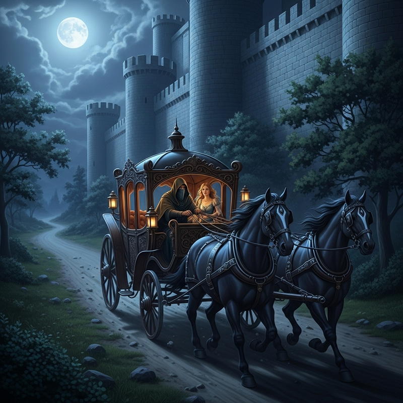 Medieval Escape: Veiled Man and Princess Fleeing in a Horse-Drawn Carriage