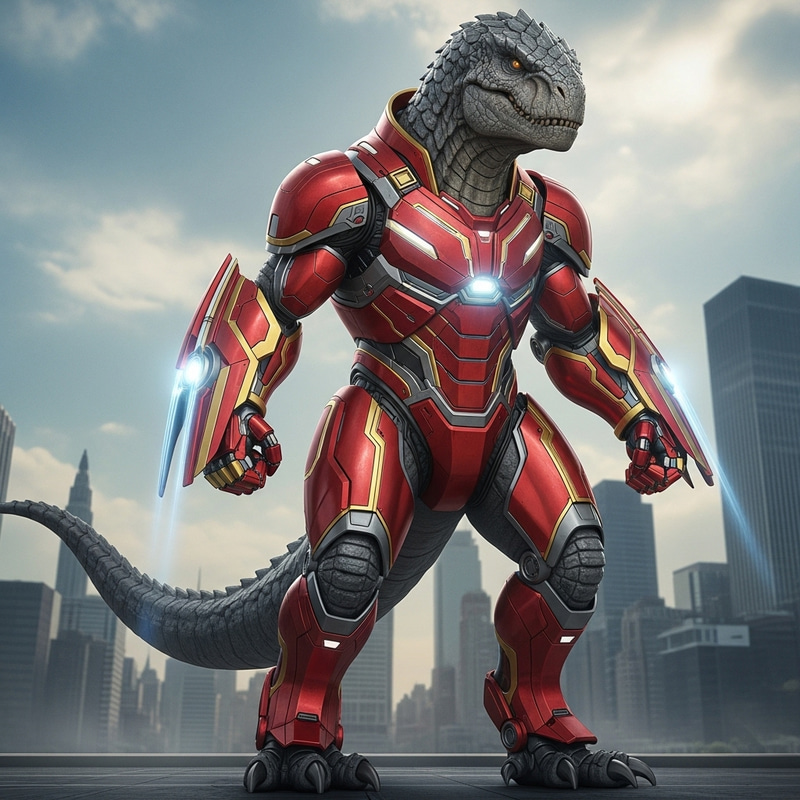 Godzilla in Iron Man Suit: Red-Gold Armored Creature in Cityscape