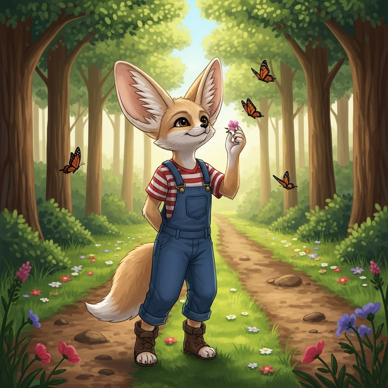 Young Female Fennec Fox in Dungarees | Woodland 2D Illustration