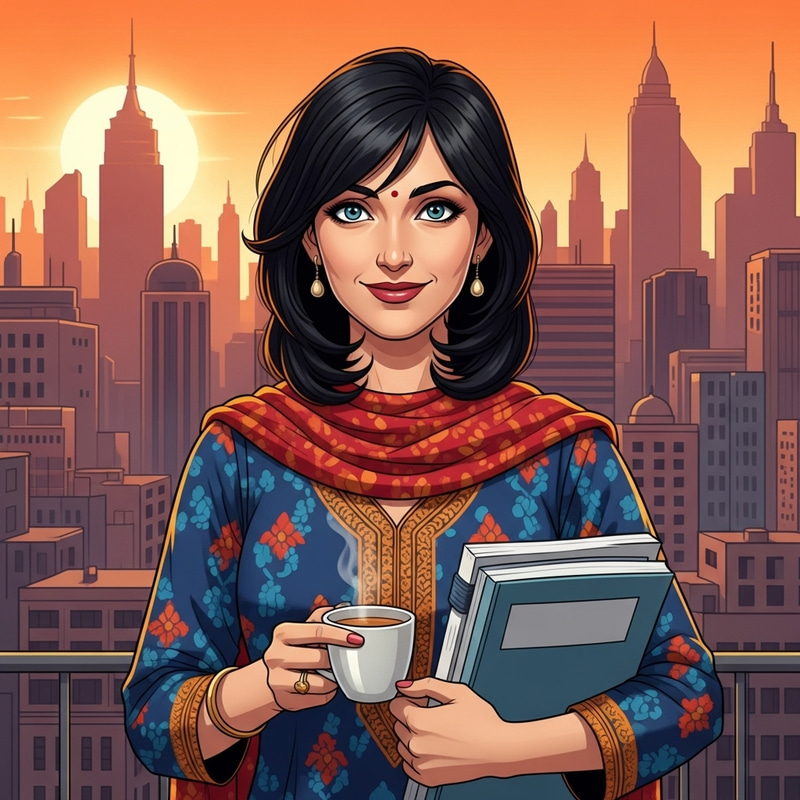 South Asian Woman with Academic Journals and Chai in Bustling City