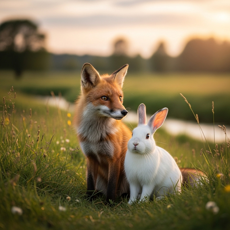 Charming Fox and Lovely Rabbit - Adorable Wildlife Duo Charming Fox and Lovely Rabbit - Adorable Wildlife Duo
