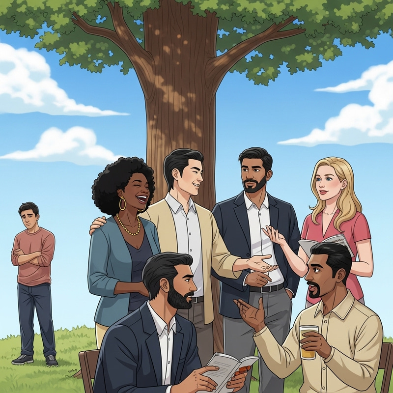 Fictional Scene: Gathering Under Tall Tree