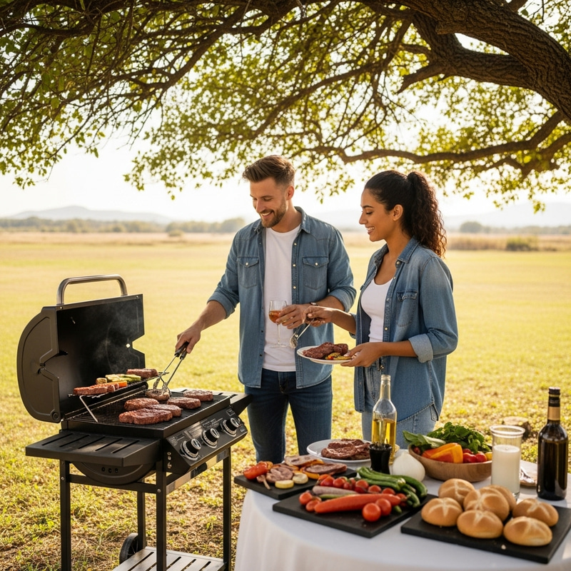 Outdoor BBQ Scene with Grill and Diverse Cooking