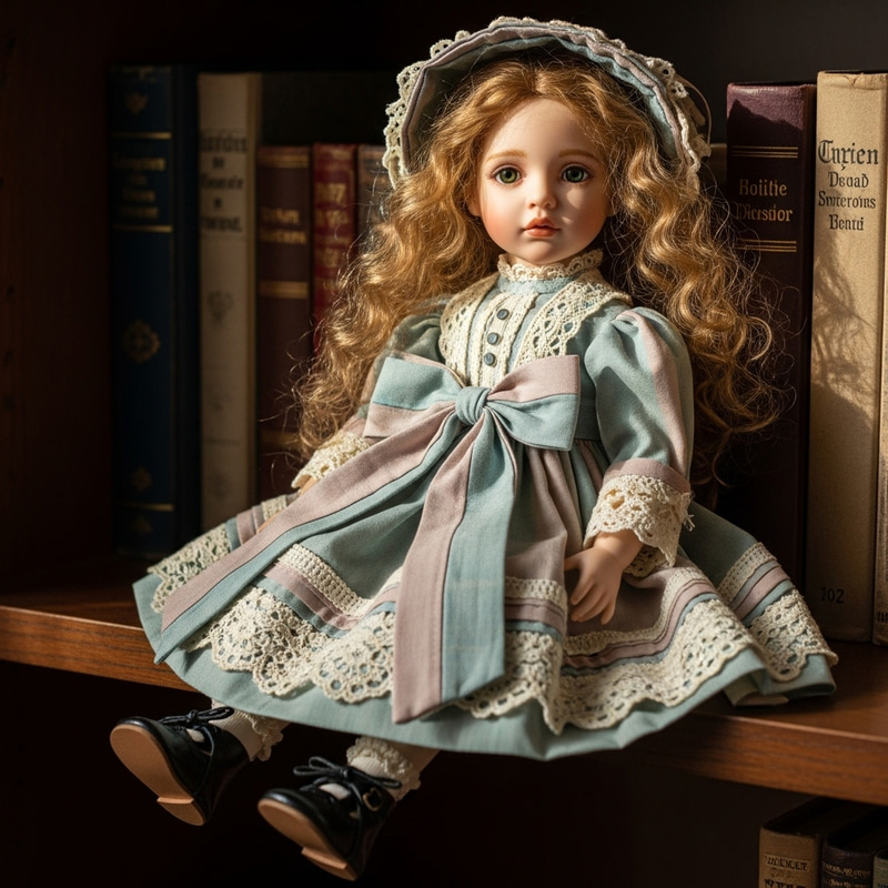 Victorian Style Doll on Wooden Shelf