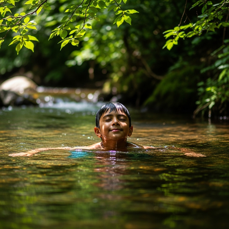 Boy Bathing in Stream - Tranquil Scene