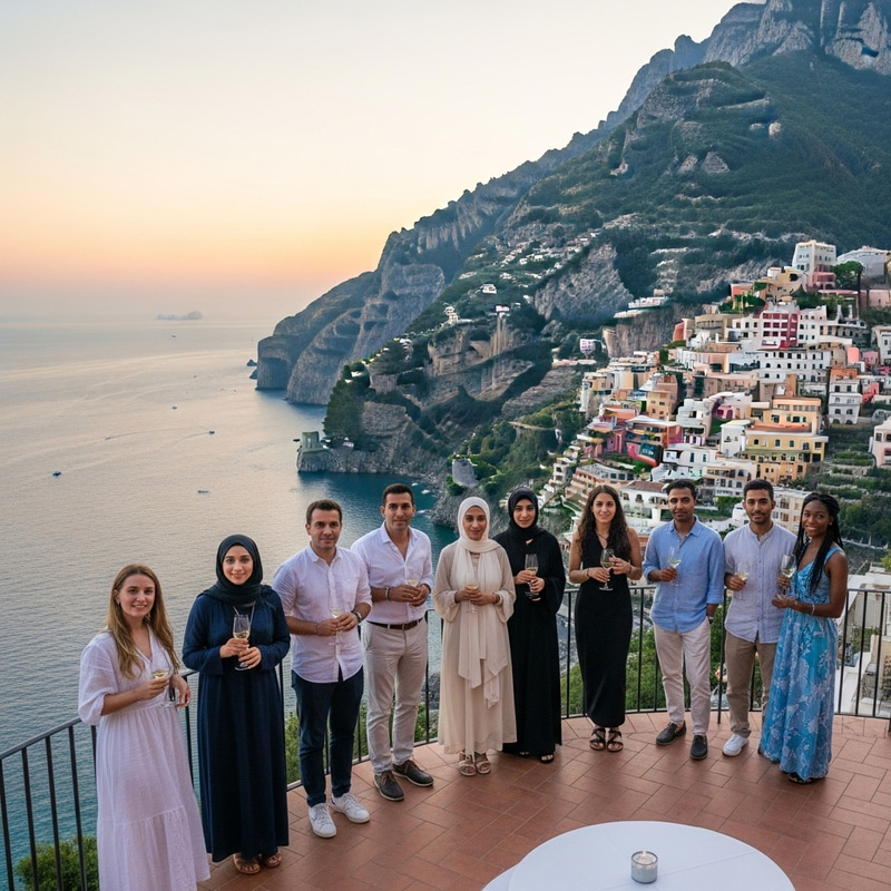 Picturesque Mountain Terrace with Diverse Group Watching Stunning Sunset Picturesque Mountain Terrace with Diverse Group Watching Stunning Sunset