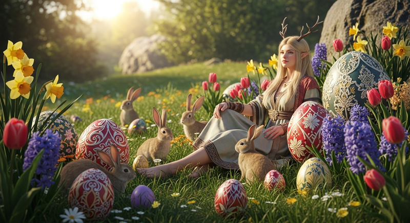 Tranquil Spring Goddess Surrounded by Bunnies and Colorful Eggs Tranquil Spring Goddess Surrounded by Bunnies and Colorful Eggs
