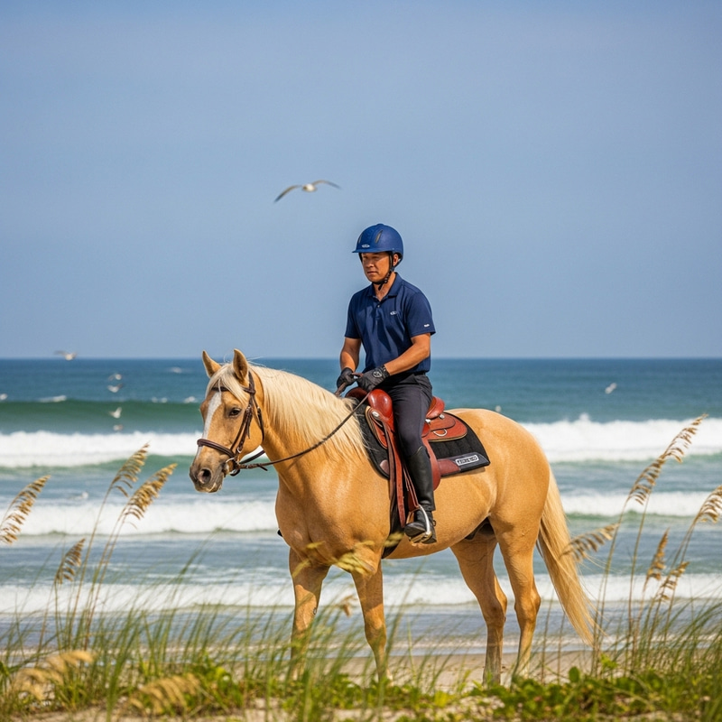 Asian Male Equestrian Riding Majestic Palomino Horse on Serene Beach