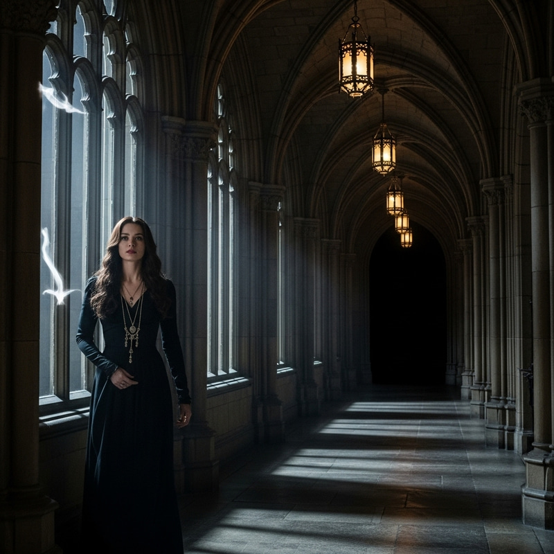 Eerie Scene in Dimly Lit Corridor | Gothic Film Suspense