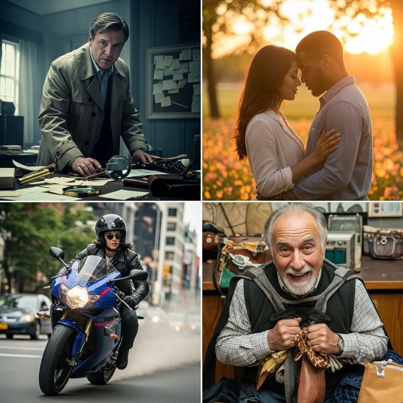 Film Genres Collage: Mystery, Romance, Action, Comedy