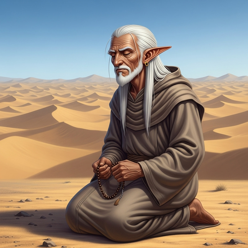 Male Elf Monk Praying in Tranquil Desert Landscape Male Elf Monk Praying in Tranquil Desert Landscape