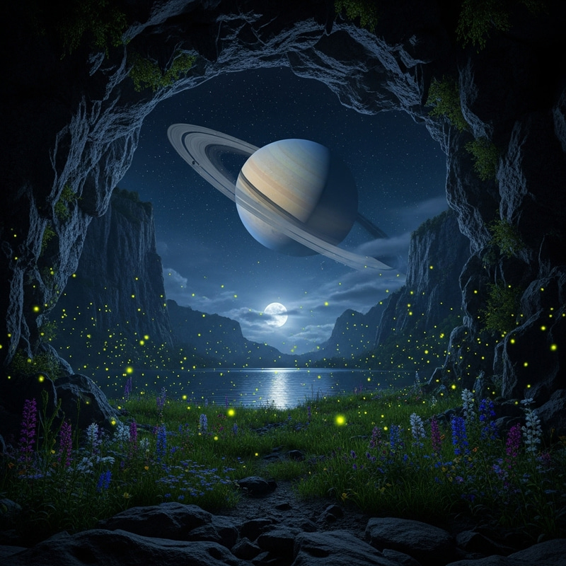 Nighttime Landscape with Cliffs, Fireflies, Lake, and Saturn