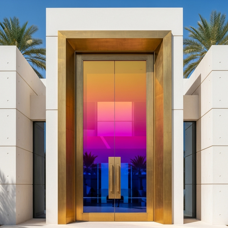 Enormous Brass Pivot-Door with Colourful Gradient Glass Enormous Brass Pivot-Door with Colourful Gradient Glass