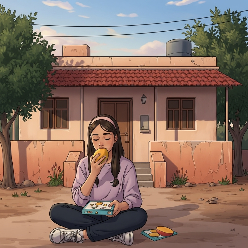 Middle-Eastern Girl Eating Mango and Playing Outside Her Small House