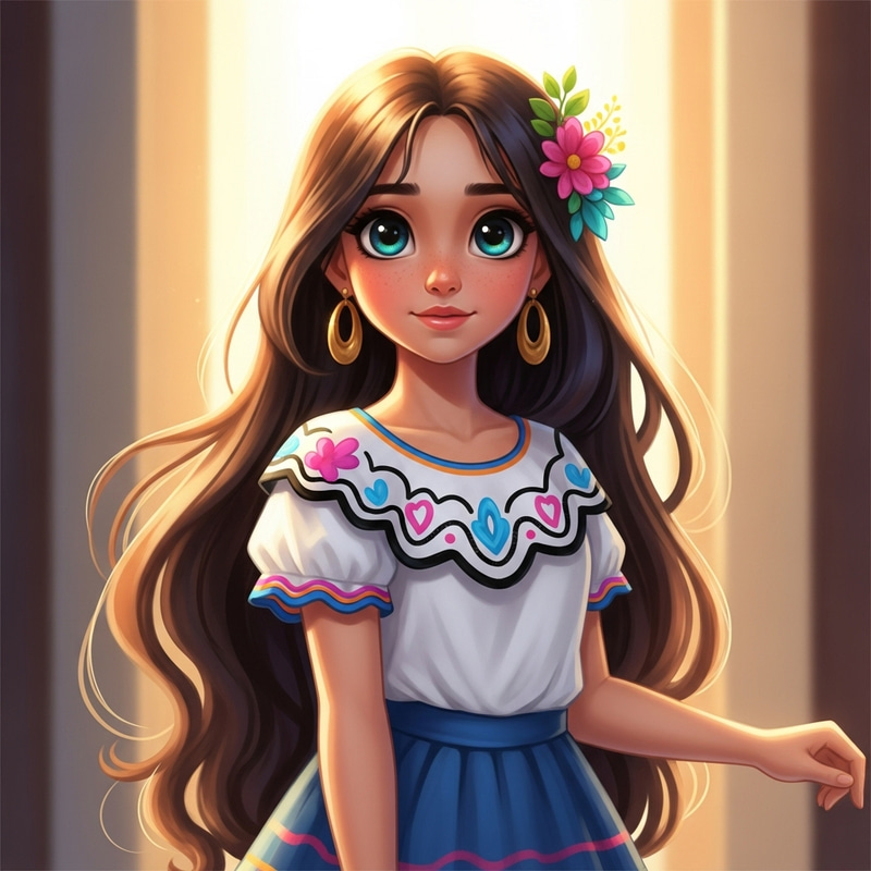 Charming Young Hispanic Girl in Traditional Dress | Joyful Cartoon Artistry Charming Young Hispanic Girl in Traditional Dress | Joyful Cartoon Artistry