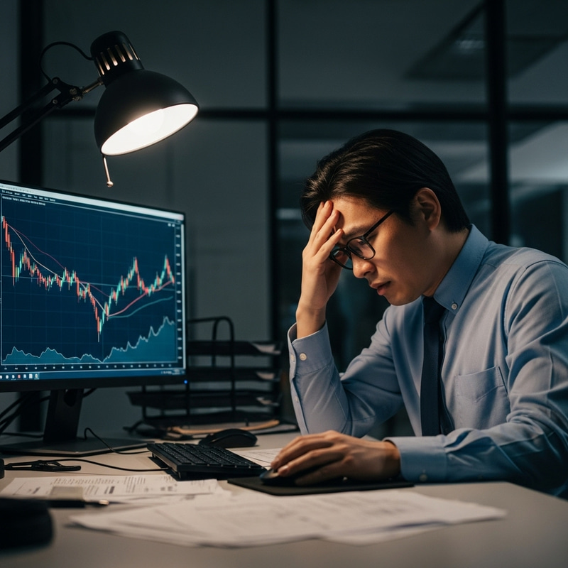 Desperate Asian Trader in Modern Office | Financial Distress
