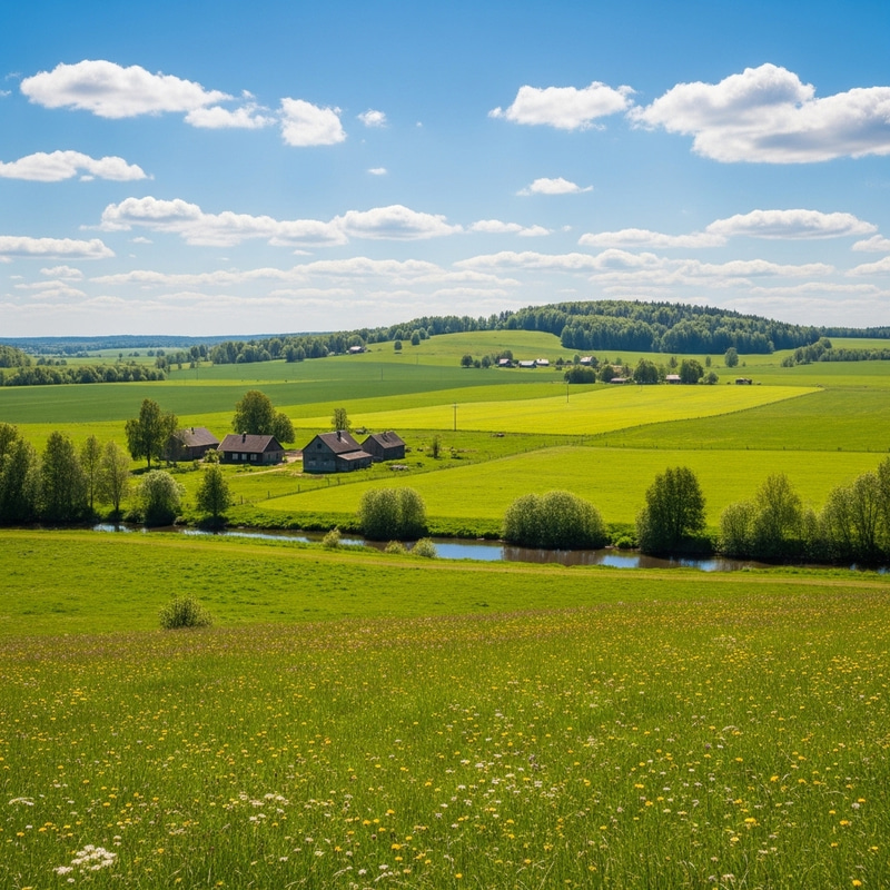 Serene Rural Landscape: Green Fields & Charming Farmhouses