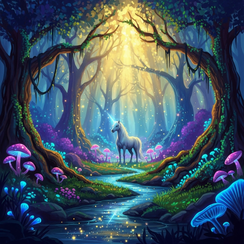 Mystical Forest with Unicorn and Glowing Mushrooms Mystical Forest with Unicorn and Glowing Mushrooms