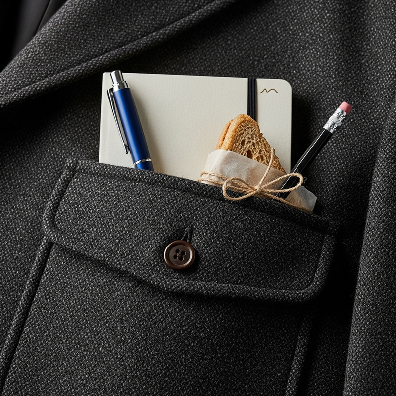 Realistic Jacket with Pocket Notebook, Pen, Pencil, and Sandwich