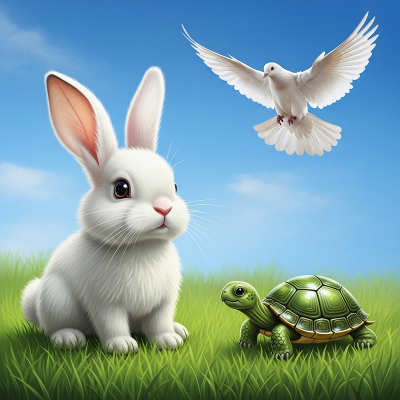 Calm and Serene Bunny, Turtle, and Dove Encounter