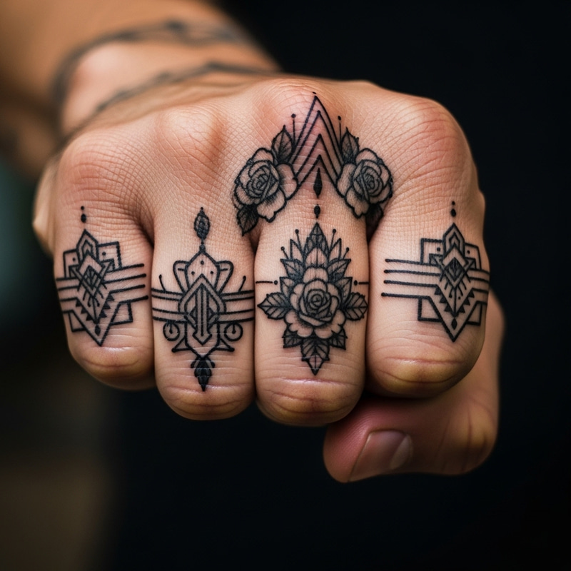 Intricate Black Knuckle Tattoos | Geometric & Floral Design Intricate Black Knuckle Tattoos | Geometric & Floral Design