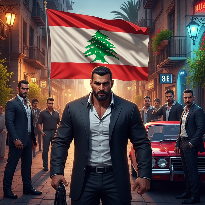 Realistic Portrayal of Lebanon Mafia Scene with Flag and Strong Aesthetic Elements Realistic Portrayal of Lebanon Mafia Scene with Flag and Strong Aesthetic Elements