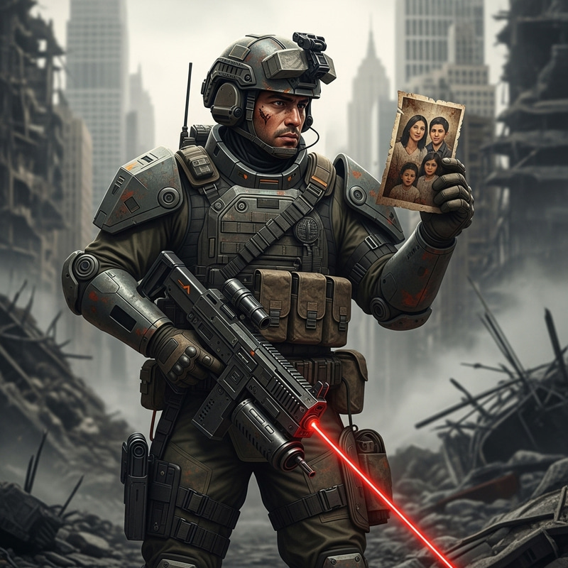 Hispanic Soldier in Sci-Fi City with Family Photo Hispanic Soldier in Sci-Fi City with Family Photo