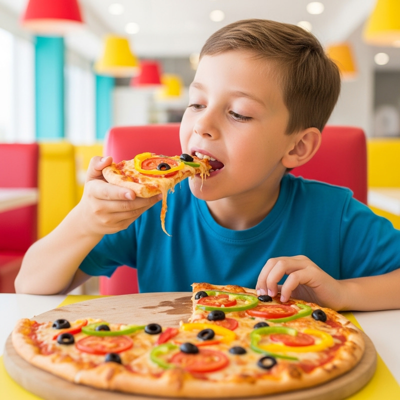 Joyful Boy Eating Delicious Pizza