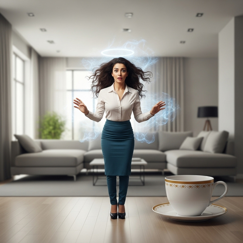 Incredible Shrinking Middle-Eastern Woman in Contemporary Living Room Incredible Shrinking Middle-Eastern Woman in Contemporary Living Room
