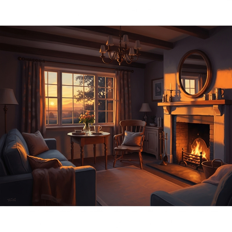 Charming Cottage Room at Twilight | Cozy Haven & Rustic Ambiance Charming Cottage Room at Twilight | Cozy Haven & Rustic Ambiance