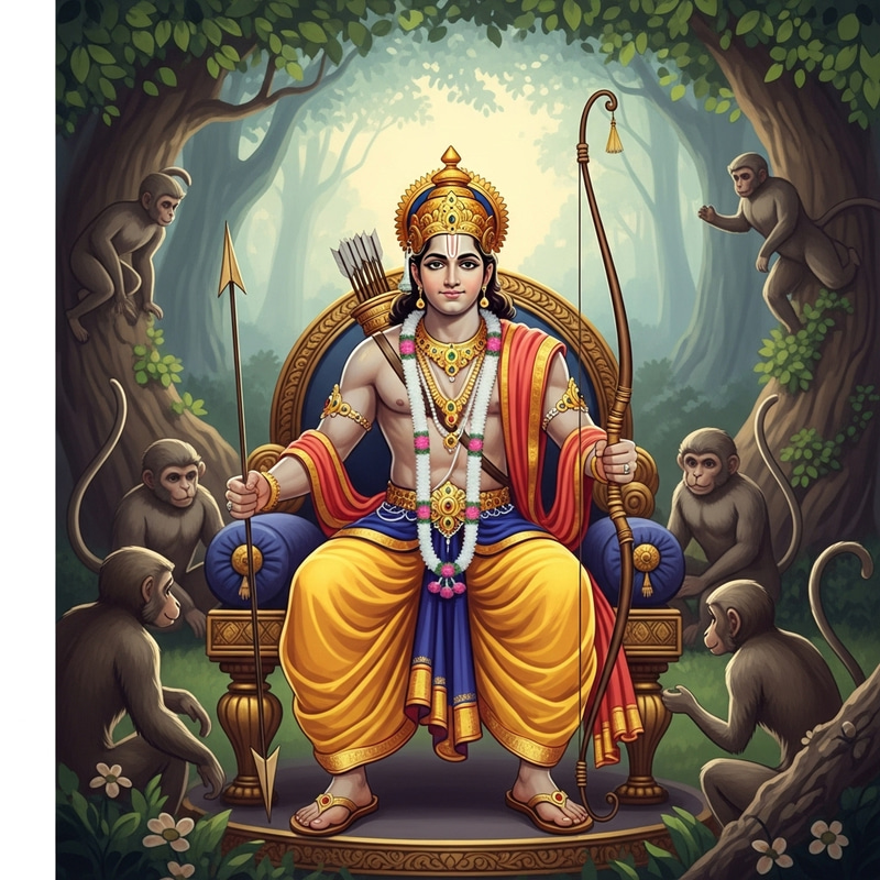 Majestic Ramayana Illustration: Enchanting South Asian Man in Forest Majestic Ramayana Illustration: Enchanting South Asian Man in Forest