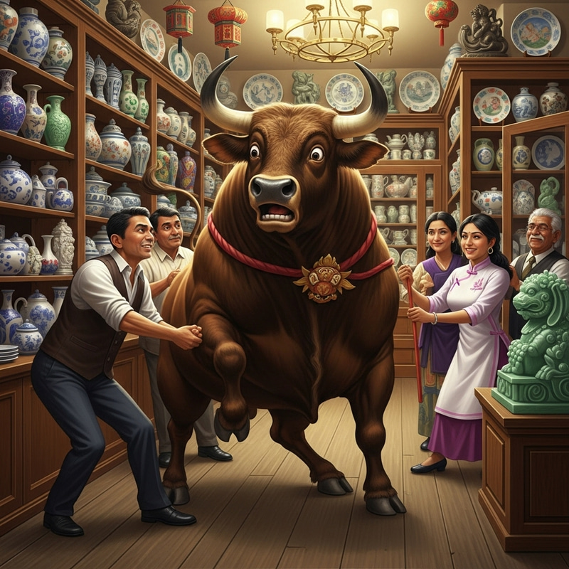 Bull in Chinashop: A Comical Encounter Bull in Chinashop: A Comical Encounter