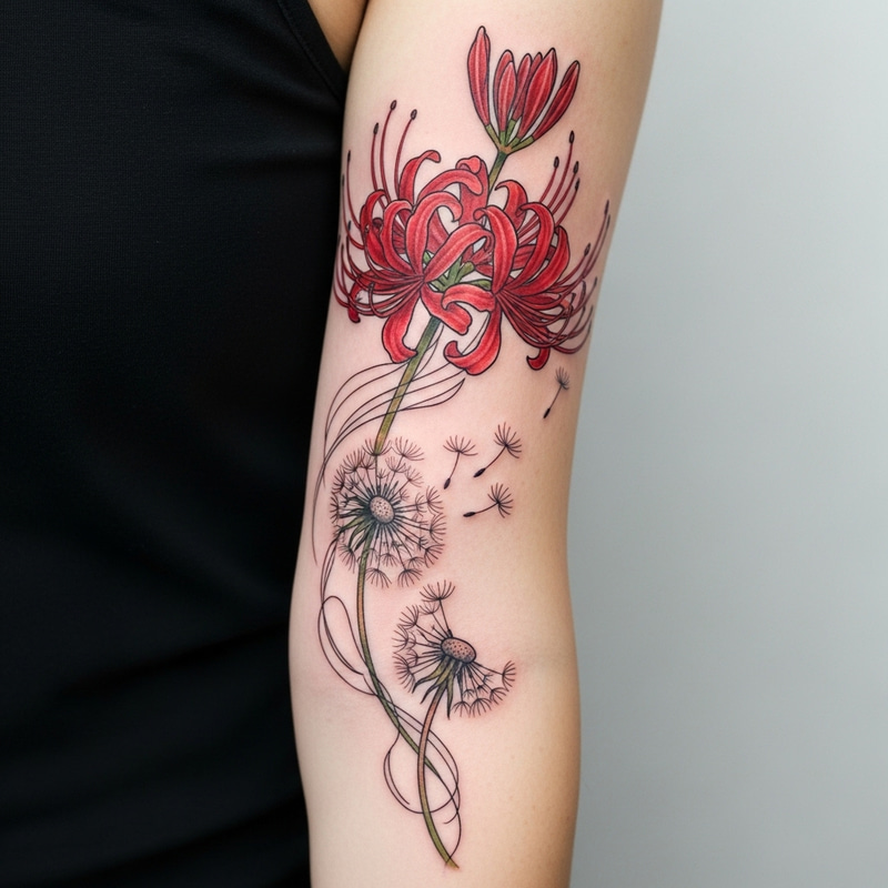 Vivid Higanbana and Dandelion Flower Tattoo on Right Arm