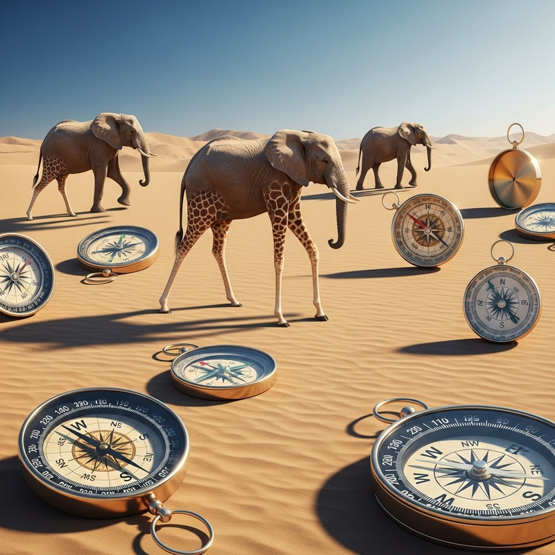 Elephant-Giraffe Hybrid in Desert with Compasses Elephant-Giraffe Hybrid in Desert with Compasses