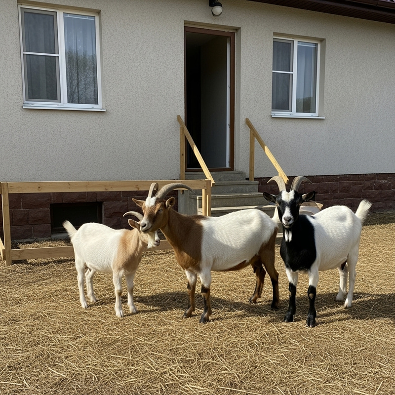 3 Goats in Yard: Serene Home Farm Scene